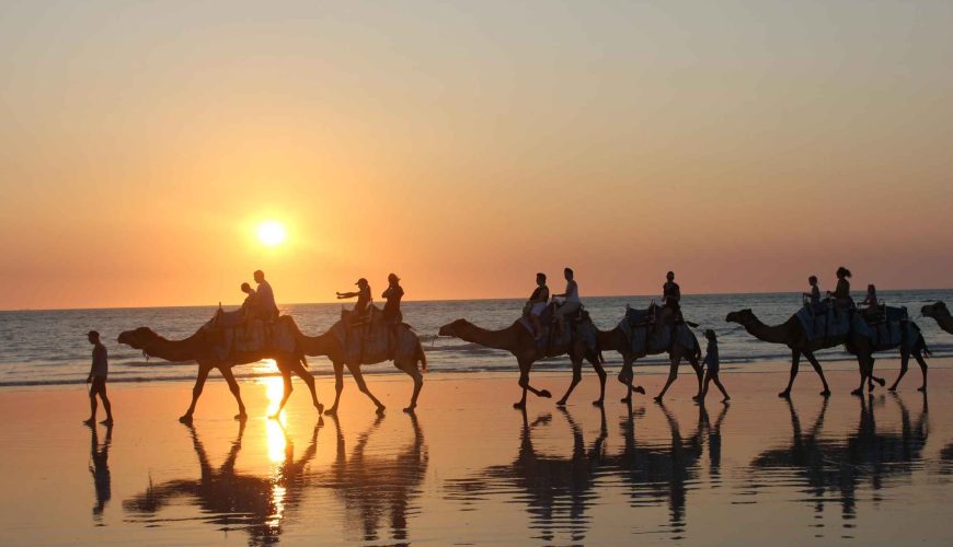 Balade à dos de chameau sur Cable Beach au coucher du soleil, à Broome